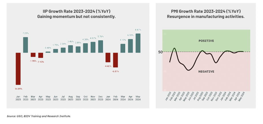 Biểu đồ chỉ số sản xuất công nghiệp (IIP) 2023-2024 (% YoY) và tỷ lệ tăng trưởng Chỉ số nhà quản trị mua hàng (PMI) 2023-2024 (% YoY)